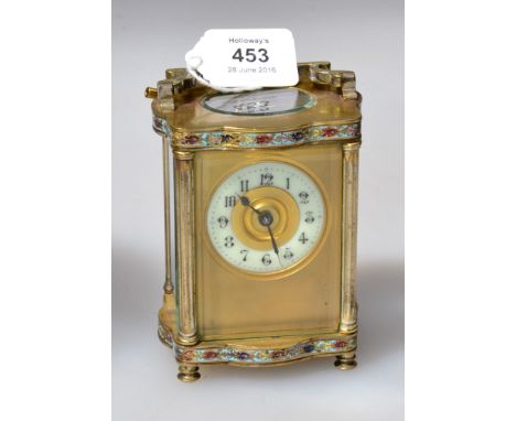 A brass five glass carriage timepiece, the four pillar case with champleve enamel banding enclosing and eight-day movement, f