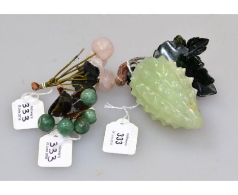 A Chinese carved jade? prickly pear, with moss coloured marble leaves and silk bound wire stem, 13cm long, together with a bu