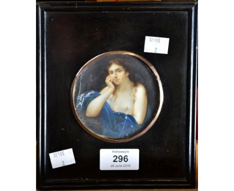 A 19th century probably Continental School A bare chested young lady clutching a blue velvet robe portrait miniature, oils on