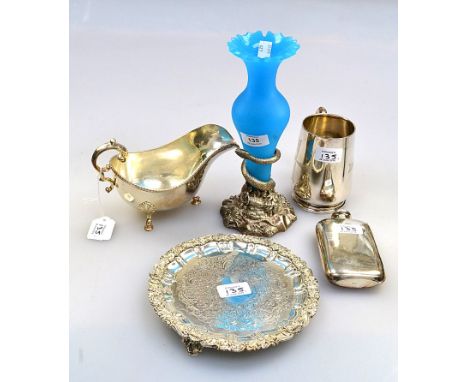 A Victorian Elkington silver plated single epergne/table centre, with frosted blue glass body, the base formed from a coiled 