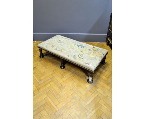 A Victorian rectangular low stool, with oak barley twist frame and cross stretchers, 135cm long