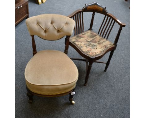 An Edwardian corner salon armchair, with urn inlaid serpentine rail, together with a 19th century mahogany framed, later butt