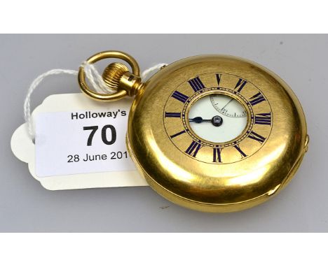 An Edwardian 18ct gold and enamel half-hunting cased watch, enamelled chapter ring, white enamel dial with Roman numerals and