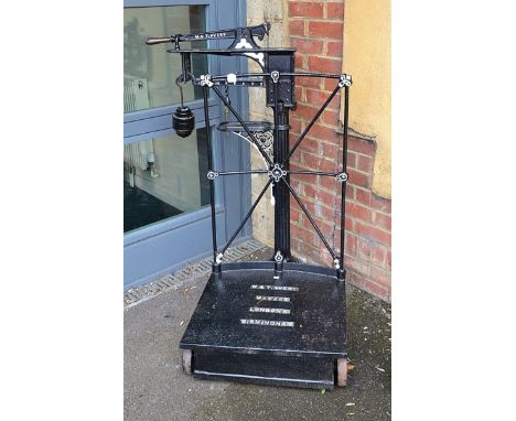 A late 19th century set of black painted Avery sack scales, 118 x 59cm