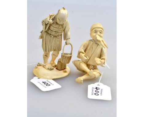 A Japanese Meiji period carved ivory okimono, of a fisherman with a straw basket of fish and lay pipe, signed, 11cm high, tog