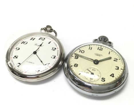 Two vintage Manual wind pocket watches including a Smiths Empire with a subsidiary dial and a Woodford 17 jewel, seen working