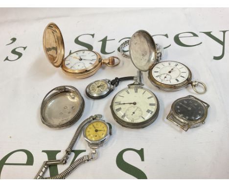 A collection of pocket watches including a Waltham and three silver hallmarked watches, Ingersoll watch with no strap etc