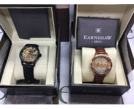 Two Earnshaw manual wind wrist watches with skeleton dials including boxes both seen running. Postage B