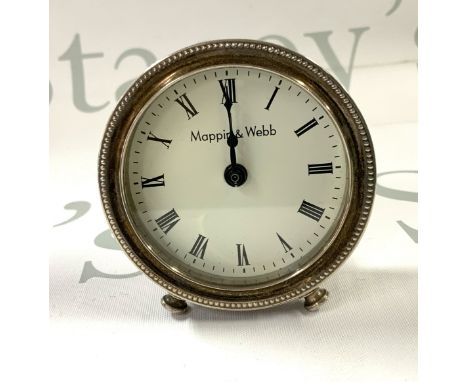 A hallmarked silver Mappin & Webb clock, 6.5cm Diameter. London 1990. (A)