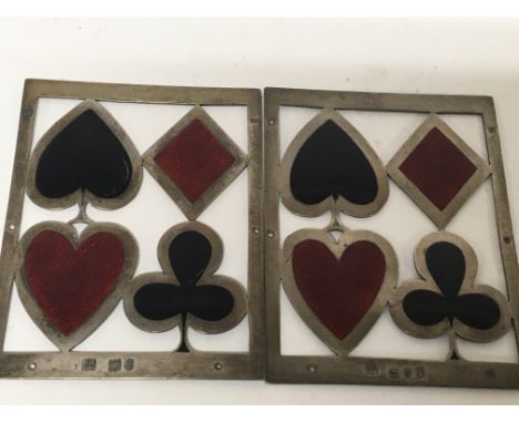 A pair of silver and enamel playing card box mounts London hallmarks maker SM&Co slight damage to enamel. 9.7cm x 7.5cm