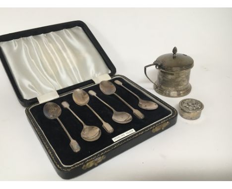 A cased set of silver spoons a silver mustard pot and a small silver box (3)