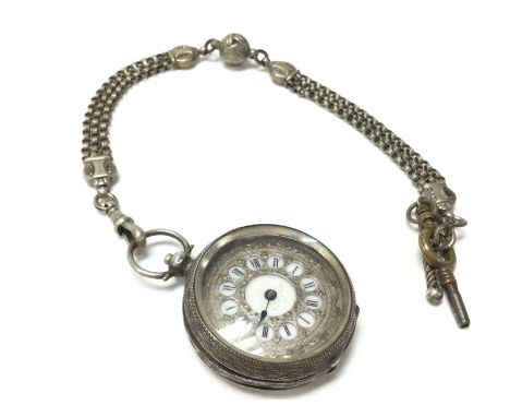 A silver hallmarked cased pocket watch with attached silver albertina. Postage category a