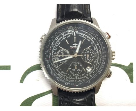 A Rotary aquaspeed Chronograph watch on black leather strap. Postage B