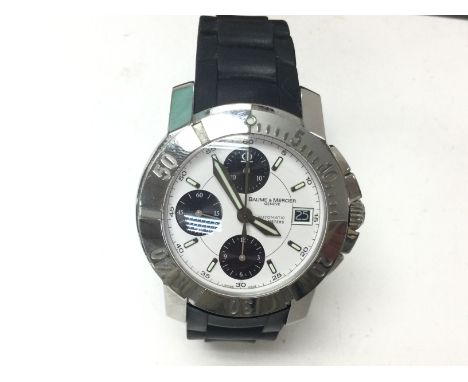 A Baume & Mercier stainless steel chrono watch on rubber strap. Seen working Postage B