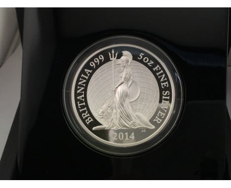 2014 five ounce silver proof Britannia coin with COA. Postage B