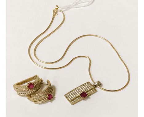 RUBY &amp; TOPAZ SET PENDANT, CHAIN &amp; EARRINGS - GILT SILVER