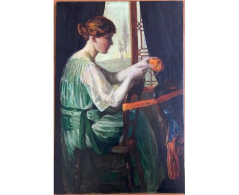 ATTRIBUTED TO HAROLD KNIGHT 1874-1961 OIL ON CANVAS ''WINDING THE WOOL'' 51CM X 77CM , EXCELLENT CONDITION, 1 SMALL PATCH REP