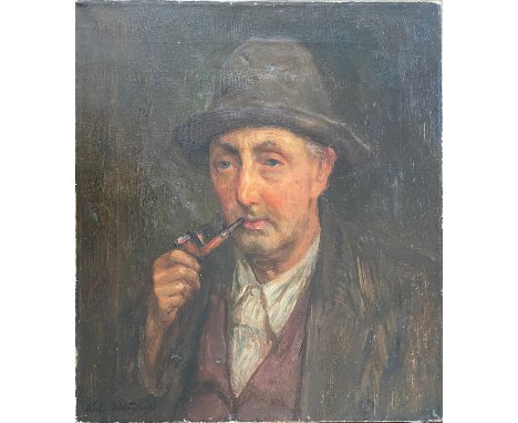CHARLES E WALTONSPERGER 1871-1931 OIL ON CANVAS - PORTRAIT OF MAN SMOKING A PIPE, SIGNED - 41CM (H) X 36CM (W)