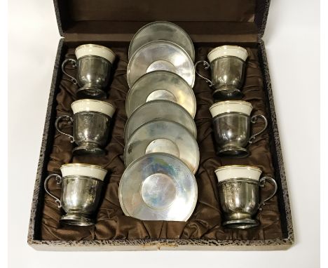 SET 6 STERLING SILVER &amp; LENNOX PORCELAIN CUPS &amp; SAUCERS