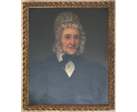 EARLY 19THC OIL ON CANVAS - PORTRAIT OF LADY IN BONNET - 50CM X 62CM - HAS BEEN RE-LINED. DAMAGE TO THE CENTRE AREA CAN BE SE