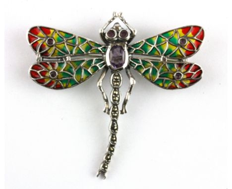 A 925 silver and marcasite dragonfly shaped brooch / pendant, set with rubies and amethyst, decorated with plique-a-jour enam