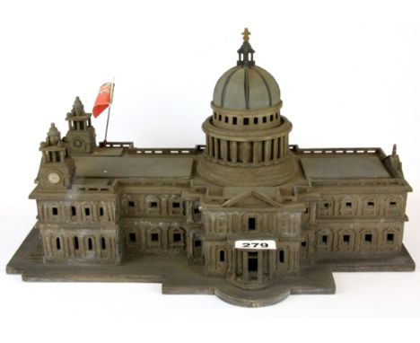 A hand made wooden model of St Pauls Cathedral, L. 42cm H. 25cm.