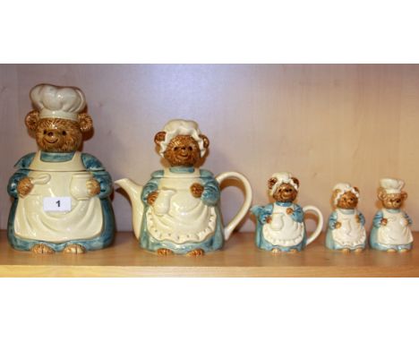Five Japanese Otagiri ceramic character kitchen items, tallest H. 24cm. Teapot A/F.
