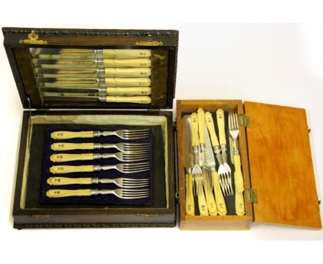 A set of twelve silverplate and ivory handled fruit knives and forks by Paul Storr with additional matching pieces a/f.