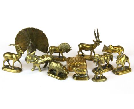 A hammered brass snuff box and a quantity of small brass animal figures, snuff box size 5 x 4 x 2.5cm.