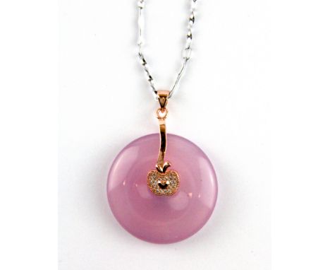 A rose metal mounted lavender jade pi disk pendant on a white metal chain, Dia. 3cm.