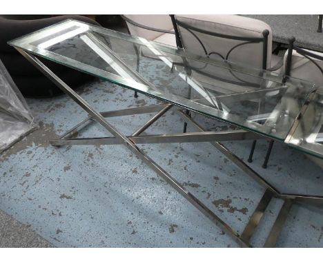 CONSOLE TABLE, contemporary design, polished metal and glass, 152cm x 45cm x 75cm. 