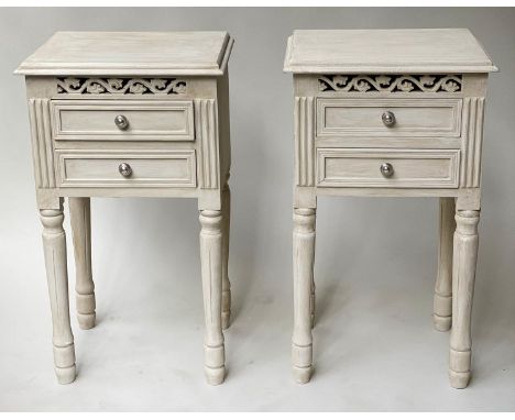 LAMP TABLES, a pair, French grey painted, each with pierced frieze and two drawers, 40cm x 32cm x 70cm H. (2) 