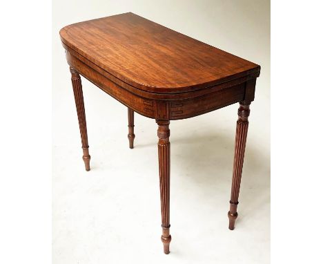 CARD TABLE, Regency period, figured mahogany and ebony inlaid D shaped foldover top, with tapering reeded supports (includes 