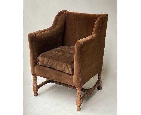 TUB ARMCHAIR, early 20th century oak with square back brown velvet upholstered seat and cushion and bobbin turned supports, 6