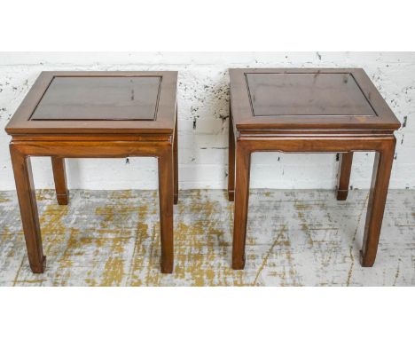 CHINESE LAMP TABLES, a pair, Padoukwood with square tops, 56cm H x 51cm W. (2) 