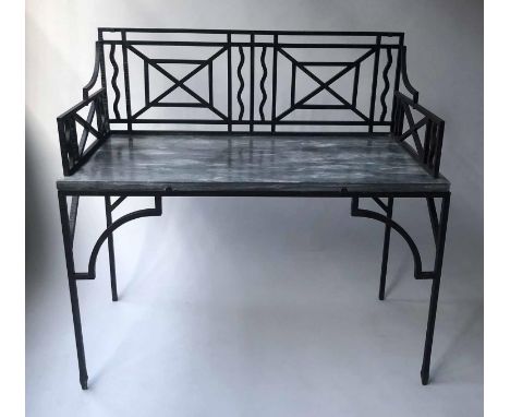 CONSOLE TABLE, French Art Deco wrought iron with variegated grey white marble top, lattice gallery and trestle supports, 114c