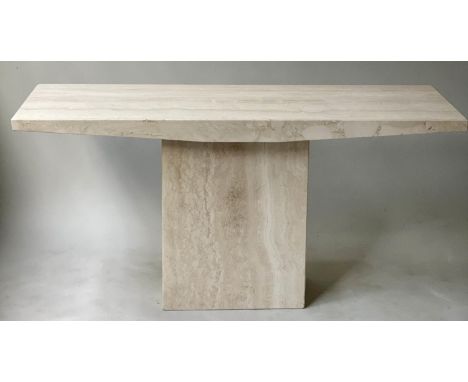 TRAVERTINE CONSOLE TABLE, 1970's travertine rectangular with architectural front and sides on plinth base, 150cm x 50cm x 73c