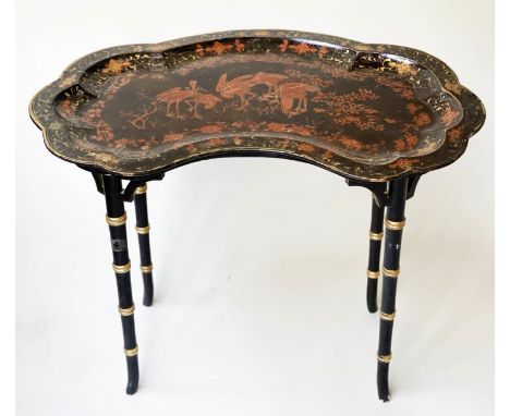 TRAY TABLE, Victorian, serpentine, papier-mâché black lacquered and gilt and red Chinoiserie decorated, on later faux bamboo 