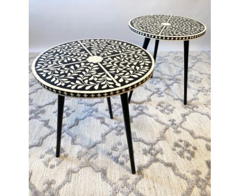 LAMP TABLES, a pair, Moorish design inlaid tops on tripod metal legs, 47cm H x 41cm x 41cm. (2) 