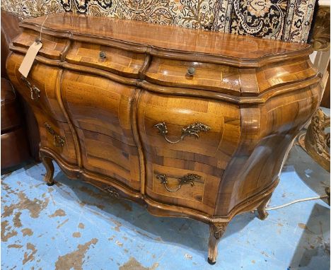BOMBE COMMODE, Italian 18th century style walnut and crossbanded with three short drawers above two long, 125cm x 48cm x 79cm