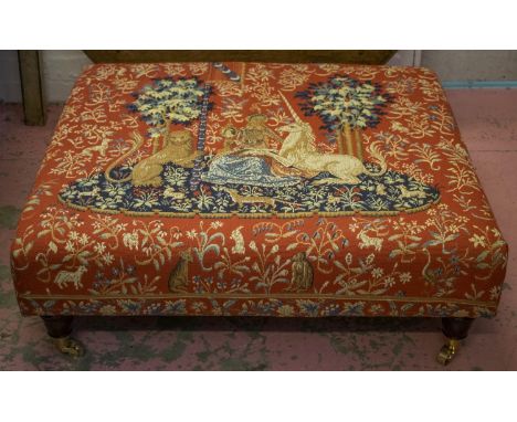 HEARTH STOOL, red tapestry style lion and unicorn design on brass castors, 33cm H x 93cm W x 90cm D. 