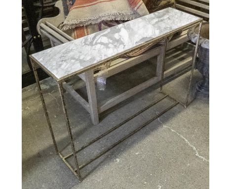 CONSOLE TABLE, antiqued gilt metal with marble insert top, 110cm x 31cm x 81cm. 