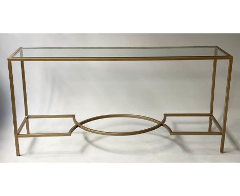 CONSOLE TABLE, rectangular glazed gilt metal on cross stretchered supports, 160cm x 41cm x 77cm H. 