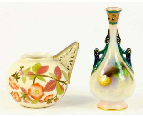 A ROYAL WORCESTER TWO HANDLED BOTTLE SHAPED VASE WITH RETICULATED NECK, PAINTED IN HADLEY STYLE WITH ROSES, GREEN PRINTED MAR