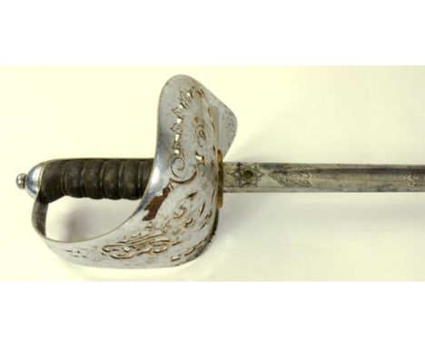 AN 1897 PATTERN INFANTRY OFFICER'S SWORD AND LEATHER COVERED SERVICE SCABBARD, THE ETCHED BLADE INSCRIBED W H SHERWIN, BY HAW