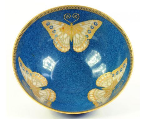 A ROYAL WORCESTER POWDER BLUE GROUND BOWL DECORATED WITH THREE LARGE GILT BUTTERFLIES, THE EXTERIOR BLACK, PUCE PRINTED MARK,