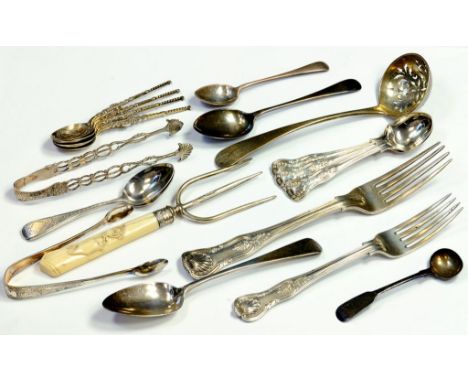 MISCELLANEOUS SILVER FLATWARE, MAINLY 19TH CENTURY, INCLUDING A BREAD FORK, BONE HAFTED, VARIOUS MAKERS AND DATES, APPROXIMAT