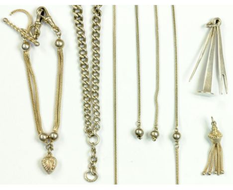 A SILVER ALBERT, A SILVER FOB, ANOTHER SILVER CHAIN AND A SILVER PIPE SMOKERS TAMPER, SPIKE AND FORK TOOL, 53G