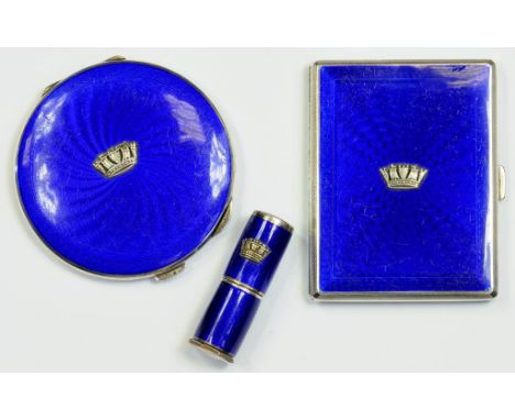 A SET OF SILVER AND BLUE GUILLOCHE ENAMEL COMPACT, CIGARETTE CASE AND LIPSTICK HOLDER, EACH APPLIED WITH NAVAL CROWN, BIRMING