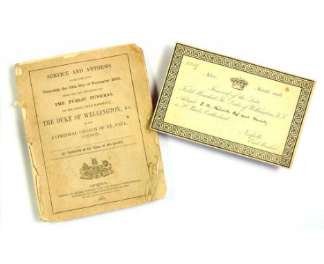 BATTLE OF WATERLOO.  A FINELY PRINTED CARD TICKET TO THE FUNERAL OF THE DUKE OF WELLINGTON, ADMITTING S.R. RIDDELL AND HIS FA